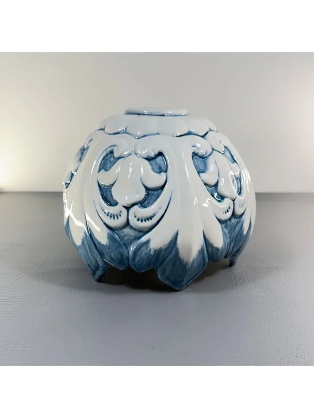 Italian Style Blue White Majolica Petal Cachepot Large Floral Centerpiece Bowl